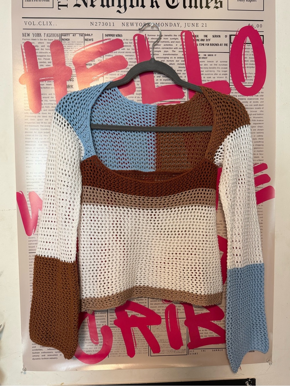 Colorblock Open Knit Sweater - White, Brown & Blue